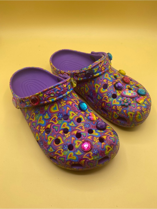 CROCS Shoes - CROCS Kids Purple Multi-Color Heart Print Clogs with Charms
